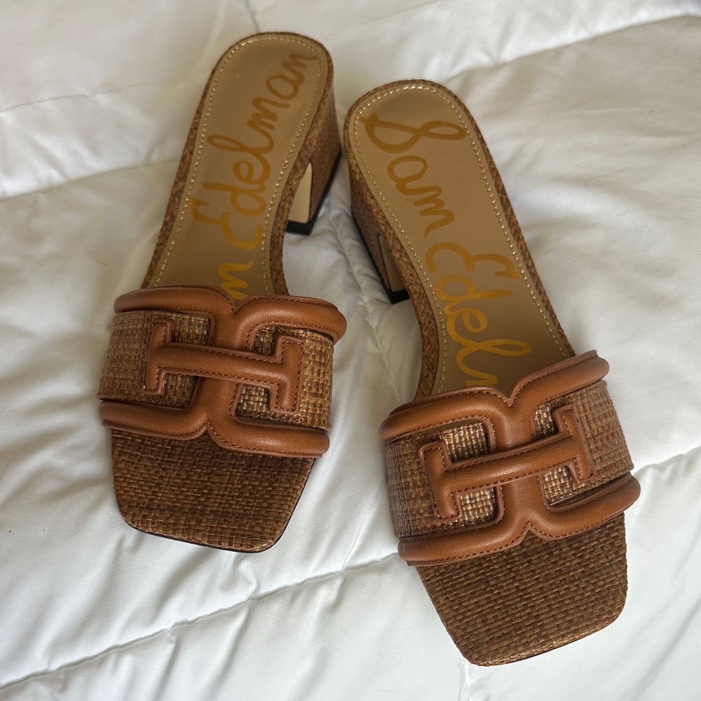 Sam Edelman Tan Woven Leather-Trim Slide Mules
